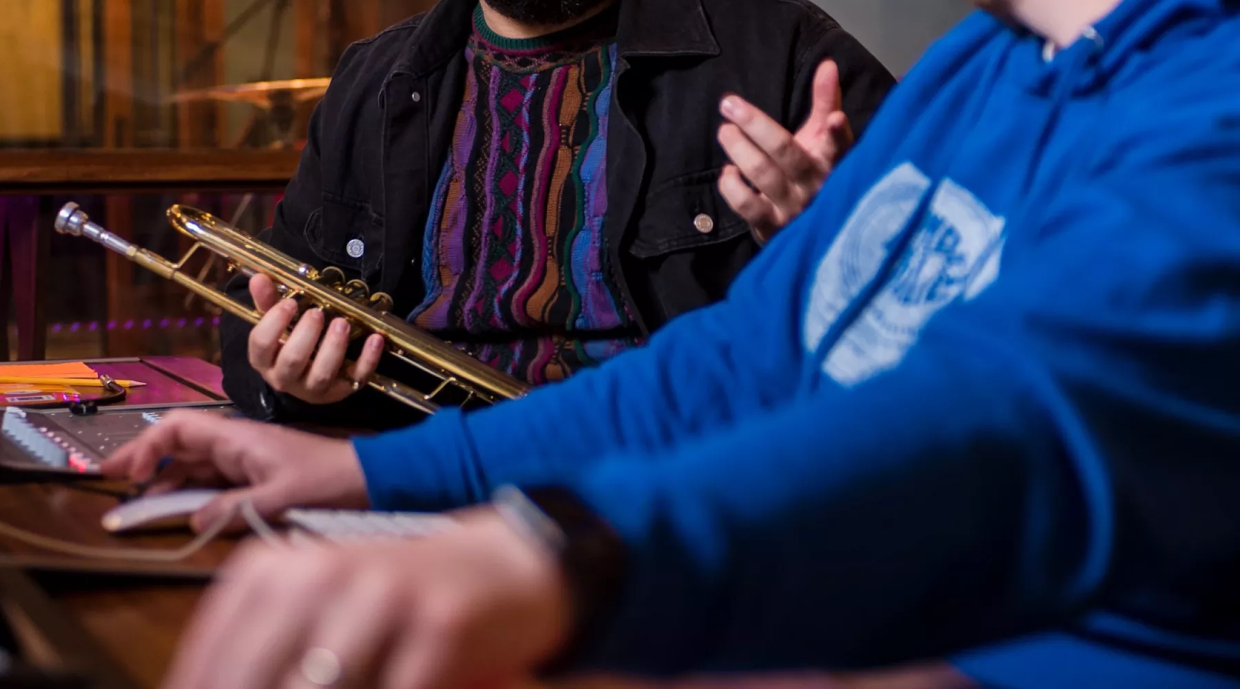Connor May '16 and Travis Moore work together in their Indianapolis recording studio, Round Table Recording Co.