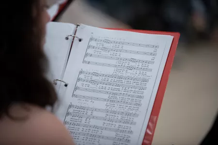 Close-up of sheet music in a Cardinal Singers class